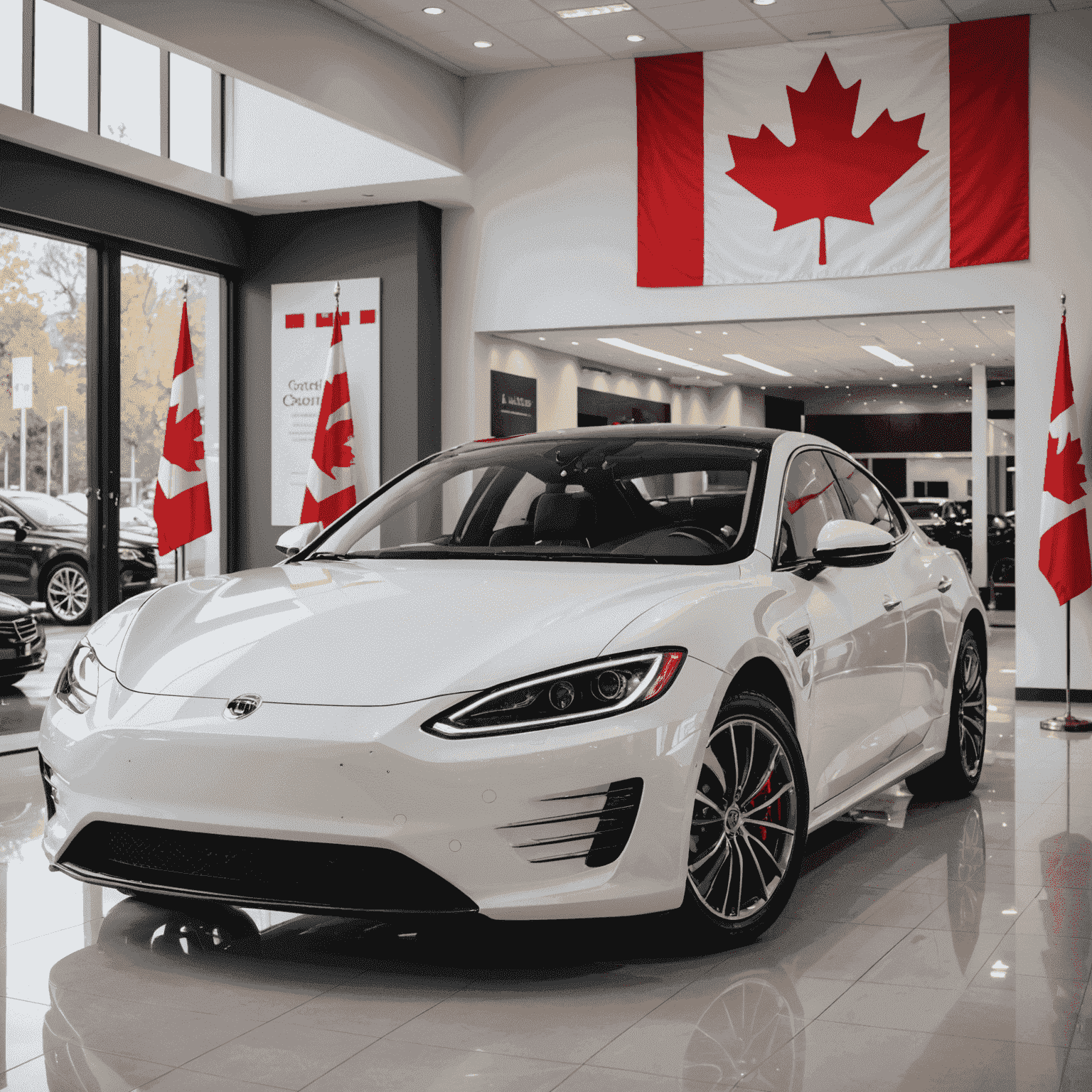 Elegant showroom displaying various foreign luxury cars with insurance documents and a Canadian flag, symbolizing our specialized services for foreign car insurance in Canada