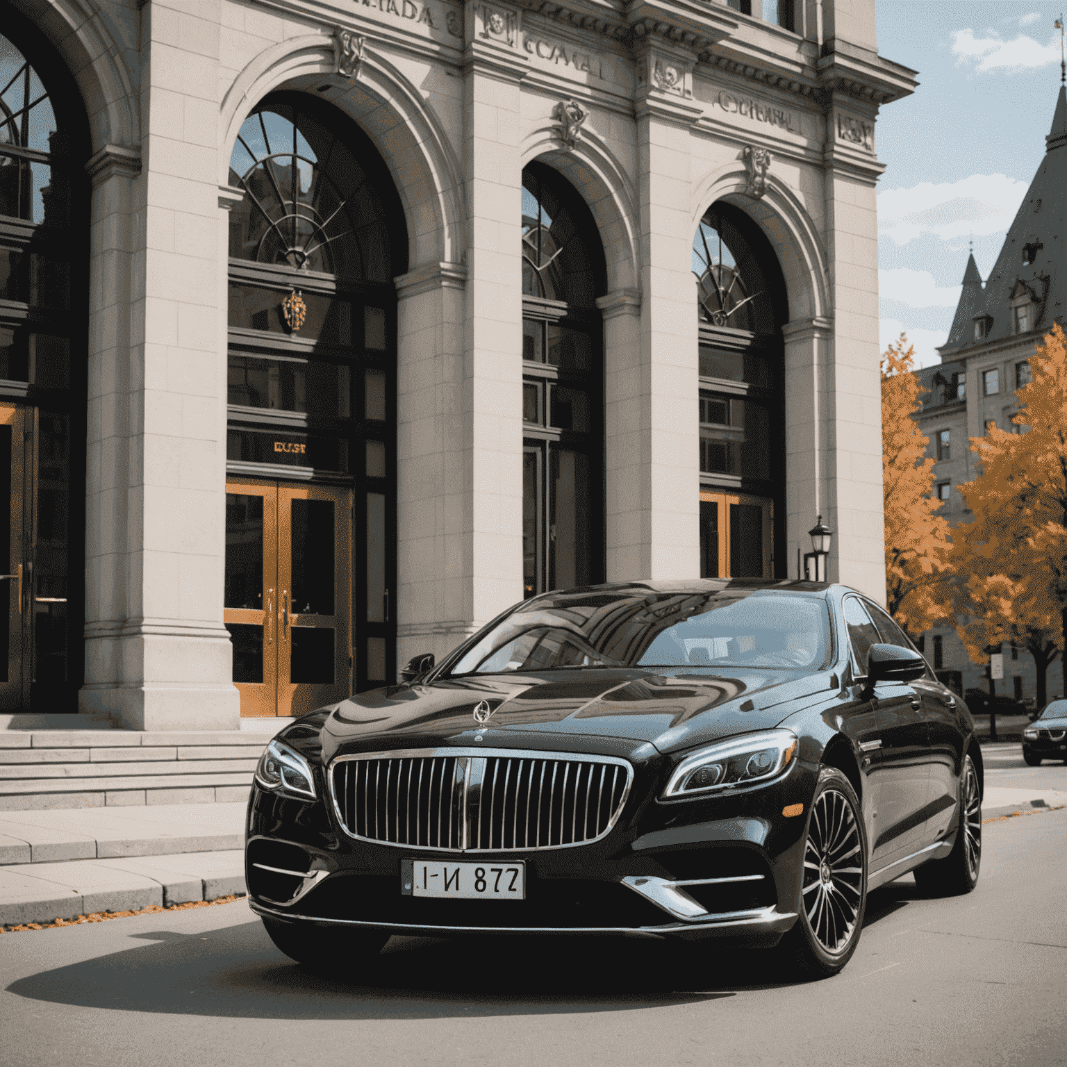 A sophisticated image of a foreign luxury car parked in front of a Canadian government building, symbolizing the process of legal compliance for imported vehicles. The car is sleek and modern, contrasting with the classical architecture of the building.