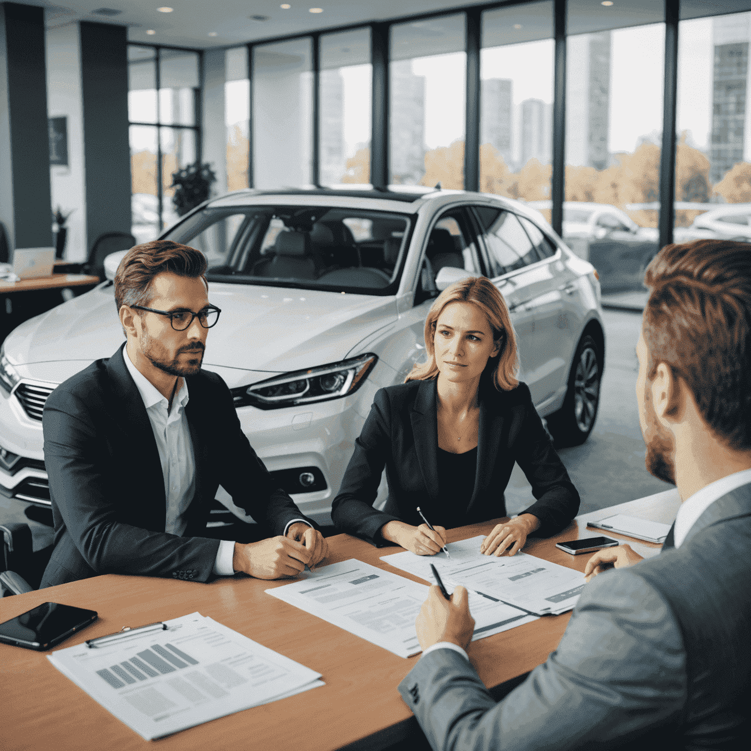 A professional insurance consultant discussing foreign car insurance options with a client in a modern office setting, with documents and a model of a foreign car on the desk