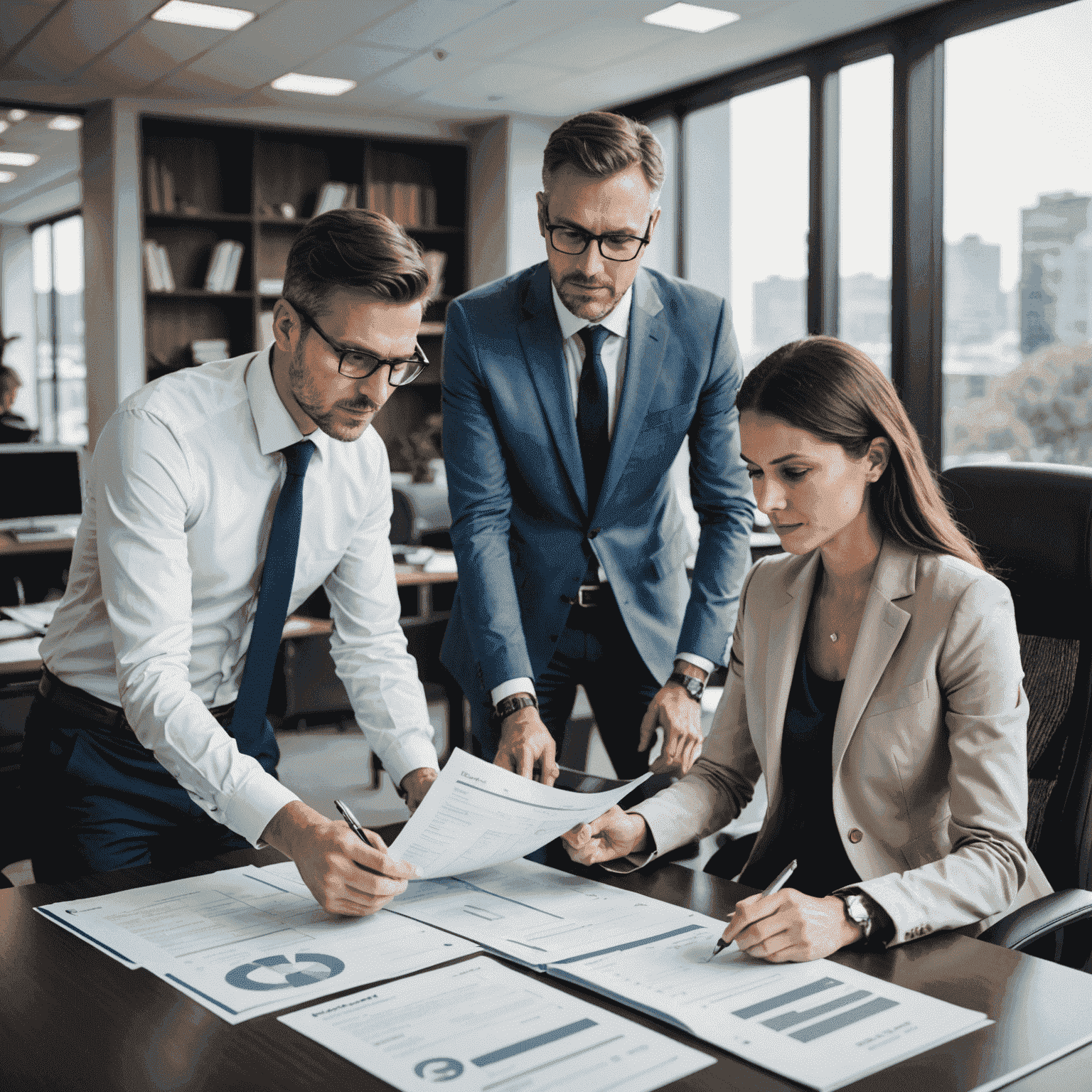 A team of insurance experts reviewing foreign vehicle documentation in an elegant office setting